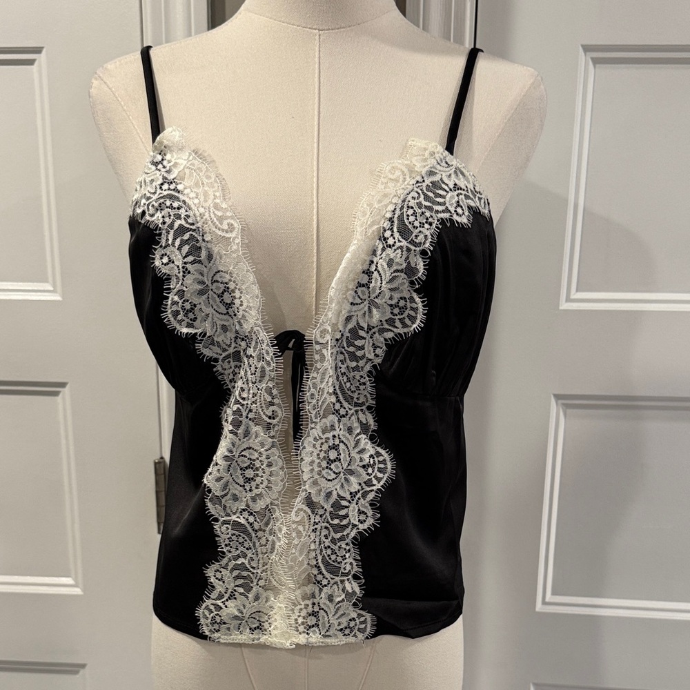 Fashion Nova Black and White Lace Trim Top